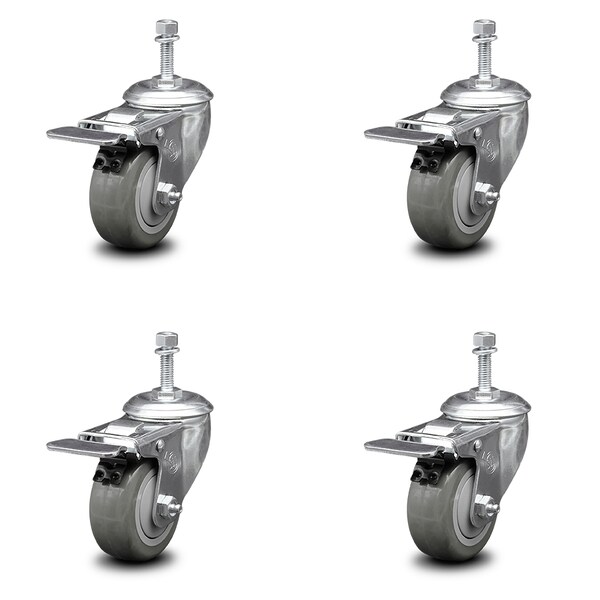 3 Inch Gray Polyurethane Swivel 10mm Stem Caster Set with Total Lock Brake